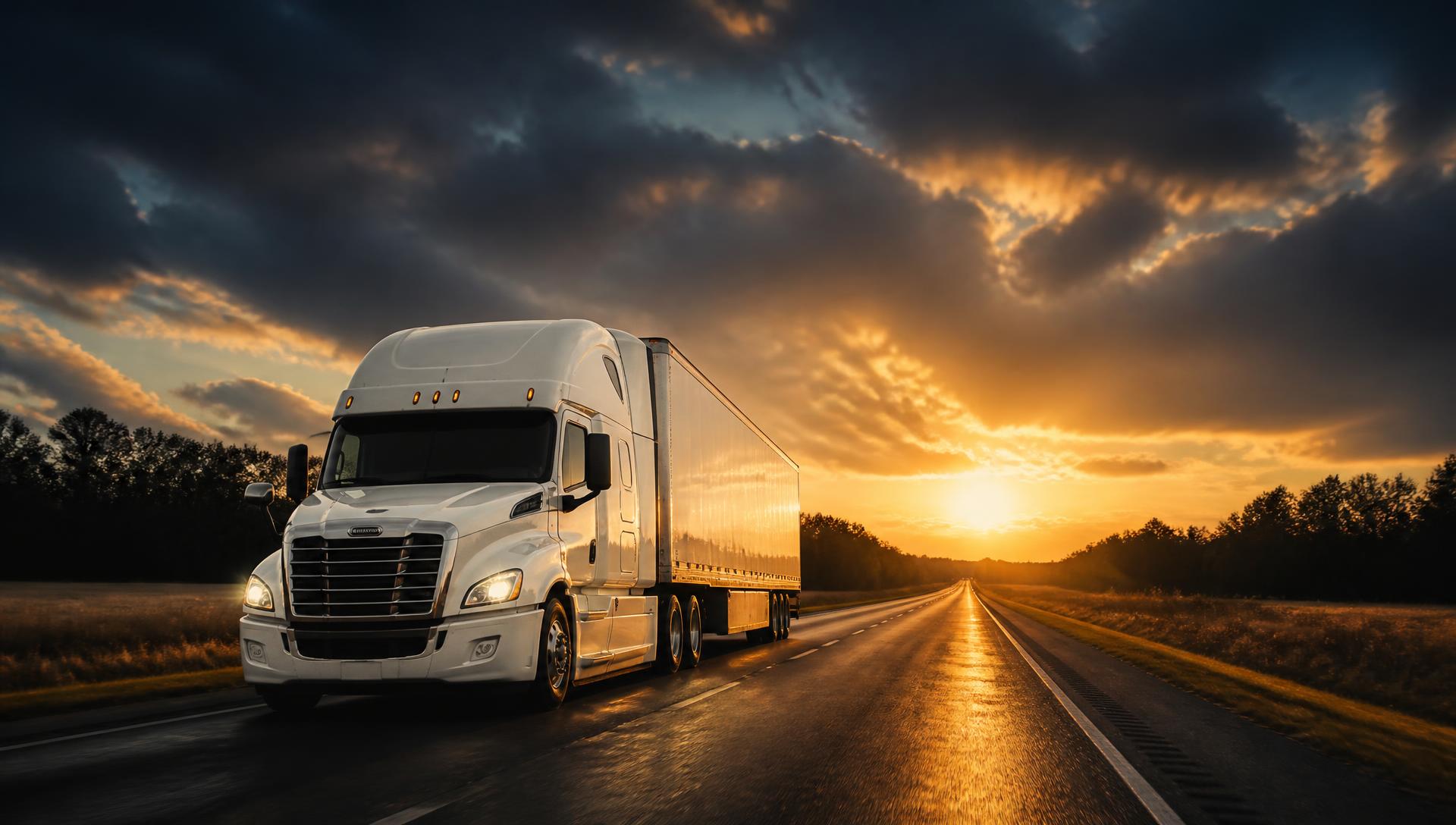 Semi truck on an open highway at sunrise